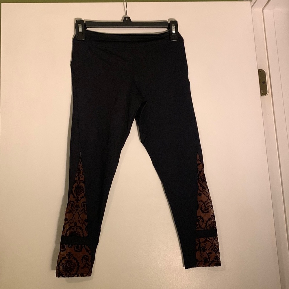 Women’s Capezio Dance Leggings with Metallic Burgandy Brocade Detail on leg XS